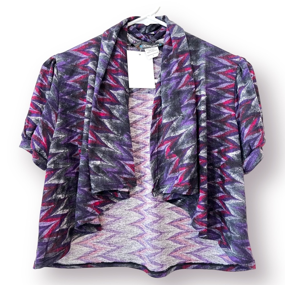 NWT Mixxology Cropped Purple Bolero Open Front Cardigan short sleeve chevron y2k